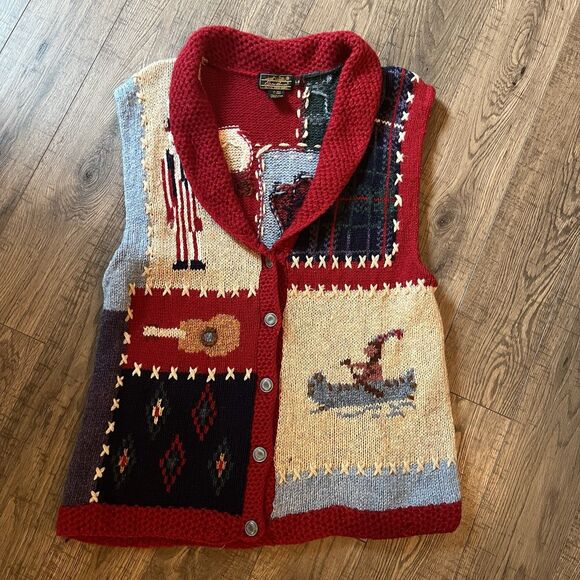 Vintage Eddie Bauer Women’s Sweater Vest Large 100% Wool Americana Patchwork Art - Picture 1 of 5